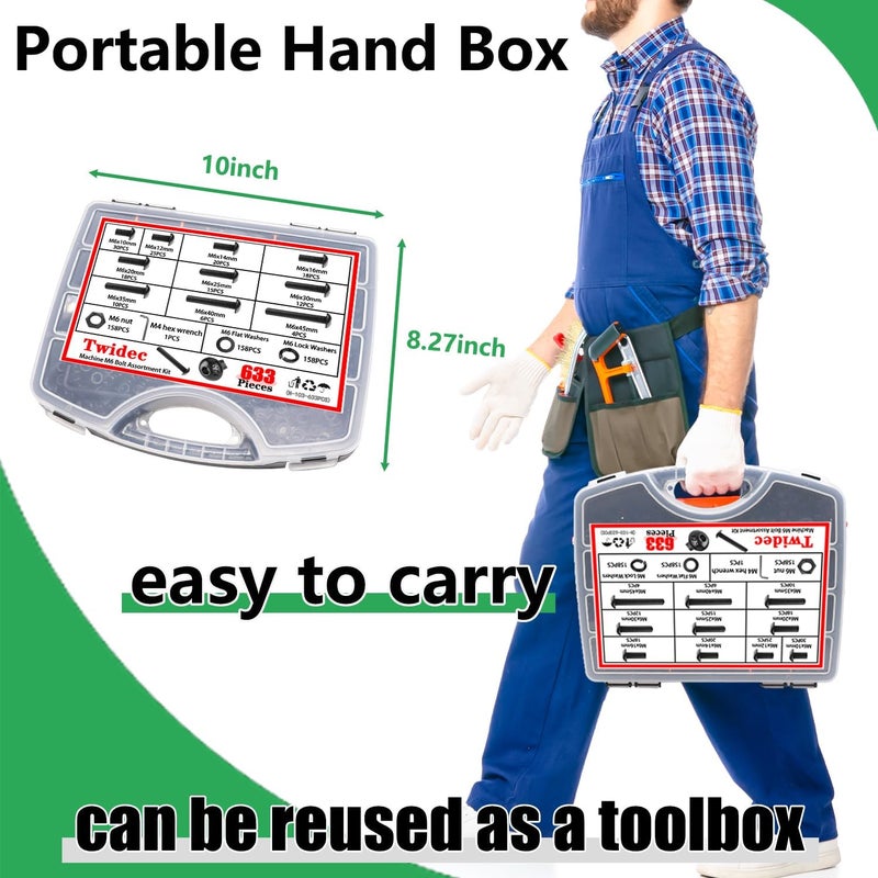 Twidec /633PCS M6 Bolt Assortment Kit 12.9 Grade M6x10/12/14/16/20/25/30/35/40/45mm Button Head Hex Socket Cap Screws Metric Bolts Nuts Washer Assortment Kit Black Alloy Steel N-103-633PCS - Image 2